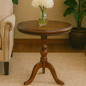 Sheraton <b>Round</b> Coffee <b>Table</b> in <b>Solid</b> Rubberwood Walnut Brown Finish Movable & Decorative Contemporary Design - Product Image 1