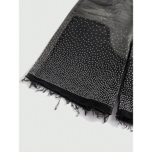 Short Homme Noir Dégradé Strass Clouté Denim avec Broderie Hip Hop Jorts Streetwear - Product Image 4