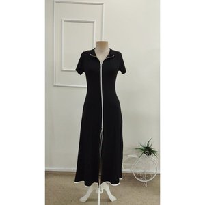 Women's Short Sleeve Open Neck Front <b>Zipper</b> Flared Midi Viscose Dress, 34203 - Product Image 3