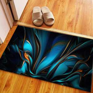 Tapis imprimé abstrait, lavable en machine, décoration moderne pour la maison, bleu et orange, tapis en chenille - Product Image 5