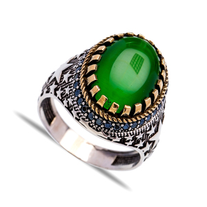 Green Cat Eye Gemstone Ottoman Design Star Design Turkish Handcraft Wholesale Authentic 925 <b>Silver</b> <b>Men</b> <b>Ring</b> - Product Image 2