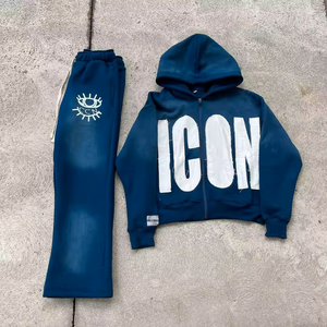 Sweat à capuche évasé vintage pour hommes survêtement délavé à l'acide avec fermeture éclair brodé ensemble de jogging hiver polyester coton vêtements pour hommes - Product Image 2