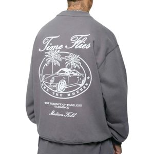Time Flies Oversized Crewneck <b>Sweatshirt</b> <b>Grey</b> Heavyweight Cotton Fleece Relaxed Fit Streetwear Ribbed Cuffs Stylish Durable - Product Image 4