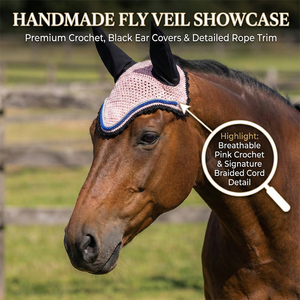 Voile anti-mouches rose en crochet pour cheval, cache-oreilles noirs, doux, faits main, haute qualité, couleur personnalisable, bonnet équestre pour l'équitation et l'entraînement - Product Image 4
