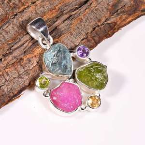 Raw Multi Stone Pendant <b>Necklace</b> Uncut Gemstones Aquamarine Ruby <b>Peridot</b> Vintage Silver Dainty Jewelry Gift - Product Image 5