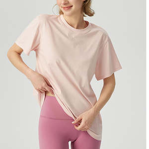 Camiseta holgada de entrenamiento de verano para mujer, camiseta de Fitness para gimnasio con cuello redondo de secado rápido, Manga corta para Yoga y decoración de botones, venta al por mayor - Product Image 1