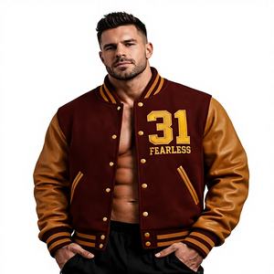 เสื้อแจ็คเก็ตบอมเบอร์ Unisex FEARLESS 31 นิ้ว - แบบสั่งทำพิเศษ ด้านหน้าสีน้ำตาลแทน สไตล์ Letterman กันน้ำ เหมาะสำหรับใส่ในคลับ ทีม หรือแบบส่วนตัว - Product Image 2