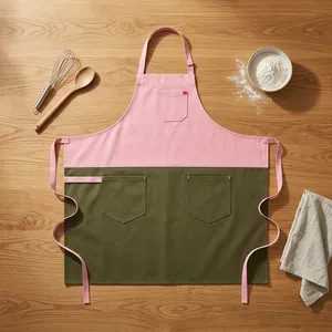 Delantal de Lona Resistente Reutilizable Rosa y Verde Oliva con Bolsillos, Lavable a Máquina, para Cocina y Uso Diario, Estilo Simple - Product Image 1