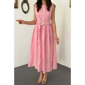Vestido Rosa con Cintura Fruncida y Cinturón - Rosa - Product Image 3