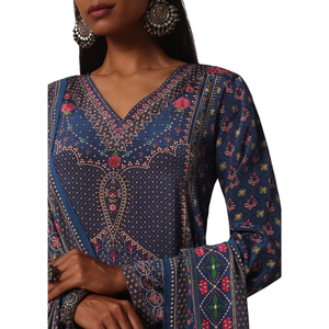 Vente en gros de vêtements ethniques pour femmes, ensemble de palazzo imprimé bleu avec Kurta ornée de pierres, costume de mariage personnalisé de fournisseur d'usine OEM - Product Image 4