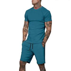 100% conjuntos de ropa de algodón para hombre, camisetas de manga corta ajustadas, pantalones cortos de talla grande, ajuste regular térmico para gimnasio, verano, sólido - Product Image 4