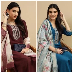 Nuevo Conjunto de Salwar Kameez Recto Bordado para Mujer, Pantalón y Dupatta, Ropa de Fiesta, 2 Colores Disponibles, Secado Rápido, Rayón Slub - Product Image 5