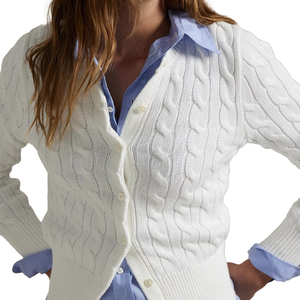 Automne femmes blanc câble tricot Cardigan pull classique boutonné col en v doux à manches longues hiver décontracté et tenue de bureau - Product Image 1