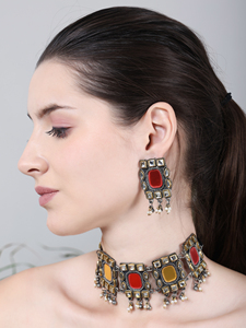 Conjunto de collar de gargantilla de latón oxidado cuadrado de estilo étnico de fabricante indio para mujer, ropa de fiesta de boda, cadenas de perlas al por mayor - Product Image 3