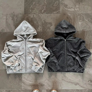 Sweat à capuche zippé vintage surdimensionné pour homme, en molleton épais 100 % coton respirant, avec logo personnalisé de haute qualité et strass en cristal diamant - Product Image 1