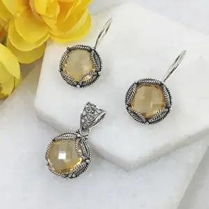 Ensemble de boucles d'oreilles pendantes en argent citrine naturelle Ensemble de boucles d'oreilles en argent sterling 925 avec pierres précieuses citrine véritable Ensemble de pendentifs Cadeau bijoux pour femmes - Product Image 1