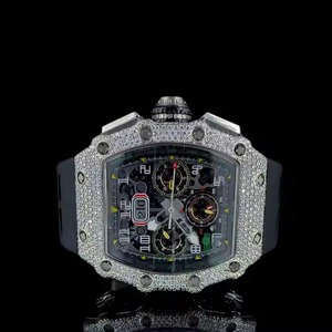 Antique Luxury Hip Hop Analog Display <b>Watch</b> High Quality 20mm <b>Black</b> Rubber Band Heavy Moissanite Diamond Studs Barrel Face Glass - Product Image 1
