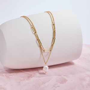 Double Chain Pearl <b>Necklace</b> Dainty Layered <b>Necklace</b> 925 Sterling <b>Silver</b> 14K Gold Plated Paperclip Irregular Pearl - Product Image 2