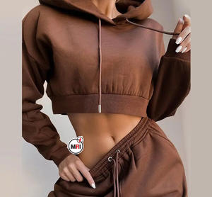 Sudaderas y sudaderas recortadas de gran tamaño para mujer de alta calidad, jersey liso, conjunto de sudaderas con capucha para niñas, 100% algodón transpirable - Product Image 5