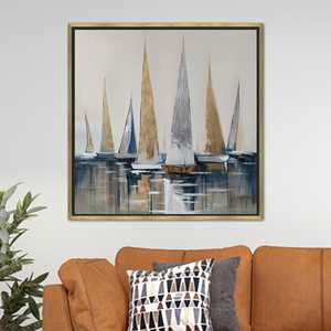 Impression sur toile abstraite de bateau à voile doré et gris : décoration murale côtière, toile encadrée dorée - Product Image 1