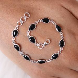 Handmade 925 Sterling <b>Silver</b> Bezel Setting <b>Bracelet</b> Solid Onyx Gemstone Natural Black Pear Cabochon 7x9mm Link Chain for Gifts - Product Image 1