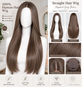 Perruque 100% cheveux humains, brun gris noisette, longue et droite, avec dentelle frontale, aspect naturel, pour femmes - Product Image 6