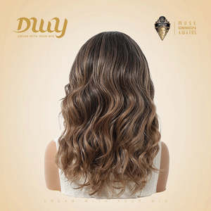 Juniper-DWY Filter Mid-Length Wavy <b>Brown</b> Glueless Synthetic <b>Wig</b> with Transparent Lace Front and Curved Part Dyed Black - Product Image 3