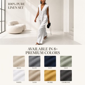 Top peplo da <span class=keywords><strong>donna</strong></span> in <span class=keywords><strong>lino</strong></span> due pezzi con scollo a V profondo e <span class=keywords><strong>pantaloni</strong></span> larghi per abbigliamento Casual Chic <span class=keywords><strong>pantaloni</strong></span> larghi senza maniche - Product Image 4