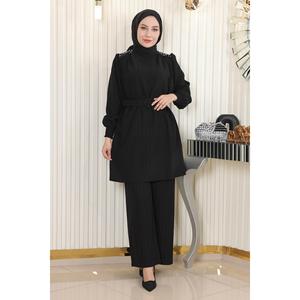 MSW19104-1 Ensemble décontracté noir avec ceinture et détails en pierres, hauts longs mi-mollet, col rond, manches longues, 100 % polyester - Product Image 3