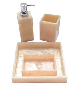 Ensemble de salle de bain en résine 5 pièces : porte-savon, porte-brosse à dents, distributeur de savon, plateau – Facile à nettoyer, étanche, écologique, moderne – MN EXPORTS - Product Image 1