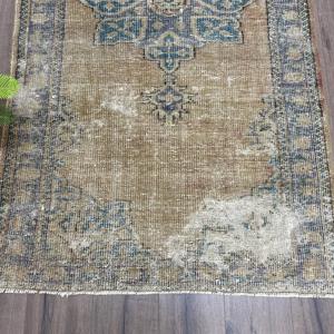 3.5x6.6 ft Turkish Rug, Vintage Accent Rug, <b>Brown</b> Check <b>Wool</b> Rug - Product Image 2