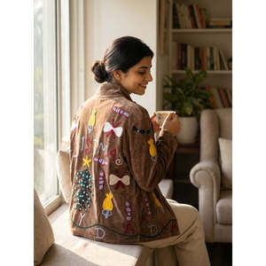 Le voile en velours brodé à la main Yuletide Reverie - Motifs festifs brun cacao - Product Image 5