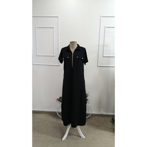 Robe longue en viscose à col et fermeture éclair, à manches courtes, pour femmes, 34659 - Noir - Product Image 4