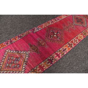 พรมวินเทจขนาด 3x11.3 ฟุต พรมตุรกีขนาดเล็ก พรมลายเรขาคณิตสีชมพูฟ้า - Product Image 3