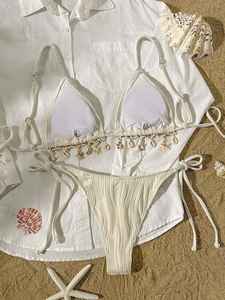 ชุดเดรสชายหาดแบบชิ้นเดียวเซ็กซี่สีขาวพร้อมโลโก้ด้านหน้าประดับลูกปัดหนาชุดเครื่องแต่งกาย - Product Image 4