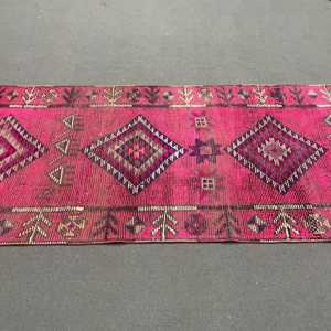 Turkish Vintage <b>Runner</b> Rug 3.1x10.5 ft, <b>Red</b> Abstract Rug Wool - Product Image 5