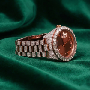 Rose Gold Fully Iced Moissanite Diamond Watch Brown Dial Date Stainless Steel Luxury <b>Automatic</b> Wristwatch - Product Image 2