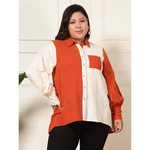 Deebaco Women's <b>Plus</b> <b>Size</b> Color Blocked Shirt Long Sleeve Turn-down Collar Puff Sleeve <b>Linen</b> Cotton Blouse Autumn Casual <b>Top</b> - Product Image 1