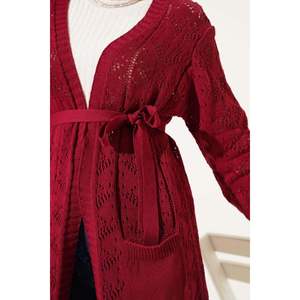 Claret <b>Red</b> Women's Double Pocket Hole Belted Knitwear <b>Cardigan</b> - Product Image 3