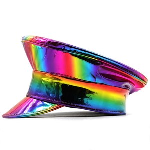 <span class=keywords><strong>Béret</strong></span> Prom Performance Bar Cosplay Chapeau <span class=keywords><strong>militaire</strong></span> en cuir PU Arc-en-ciel Gay Pride Laser Casquette de capitaine en cuir verni - Product Image 4