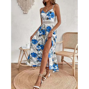 Robe maxi Supreme pour femme, à bretelles, col en V, ceinture, dentelle, motif floral, fente latérale, 33367 - Bleu - Product Image 4