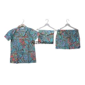 Ensemble de pyjama court pour femme en coton pur 100% imprimé à la main, col en V, confortable, vêtements de nuit, vêtements d'été - Product Image 1