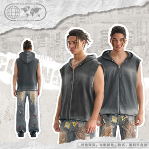 Custom Blank Gym Men <b>Sleeveless</b> <b>Hoodies</b> Terry Vintage Wash Oversize Men Short Sleeve Pullover <b>Hoodies</b> - Product Image 4