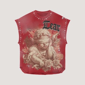 Camiseta 100% algodón para hombre, corte holgado, estampada, sin mangas, 240 GSM, color rojo, con estampado gráfico vintage de diamantes de imitación, personalizada. - Product Image 5