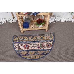 Alfombra de látex y lana azul clásica vintage hecha a mano, ecológica, con patchwork, 2.5 x 1.5 pies, semicircular, de pelo medio, para comedor. - Product Image 1