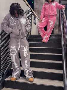 Custom Men Winter 100% Cotton Vintage <b>Screen</b> Printed Embroidery Acid <b>Wash</b> Zip up Distressed Hoodie and Sweatpants Set Men - Product Image 4