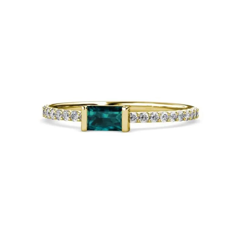 14k Real Ouro Sólido Esmeralda Corte Natural Teal Turmalina e Lab Grown Rodada Diamante VVS IGI GIA Certified Promise Ring