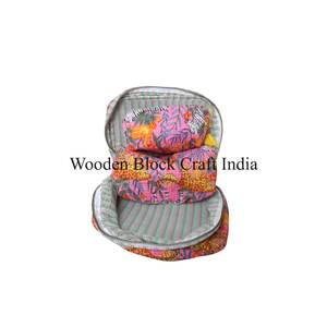 Handmade Sanganeri Floral Block Print Cotton <b>Makeup</b> Bag Set Quilted Cosmetic Travel Organizer 3 Pieces Toiletry Bag Wholesale - Product Image 2