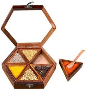 Caja de especias con forma hexagonal de madera marrón hecha a mano con tapa de vidrio transparente Caja Masala y cuchara 6 contenedores - Product Image 5