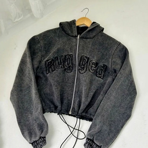 Sudadera con capucha y cremallera de algodón lavado con ácido vintage, ropa de calle bordada con logotipo personalizado, sudaderas con capucha y sudaderas de mujer de alta calidad - Product Image 2